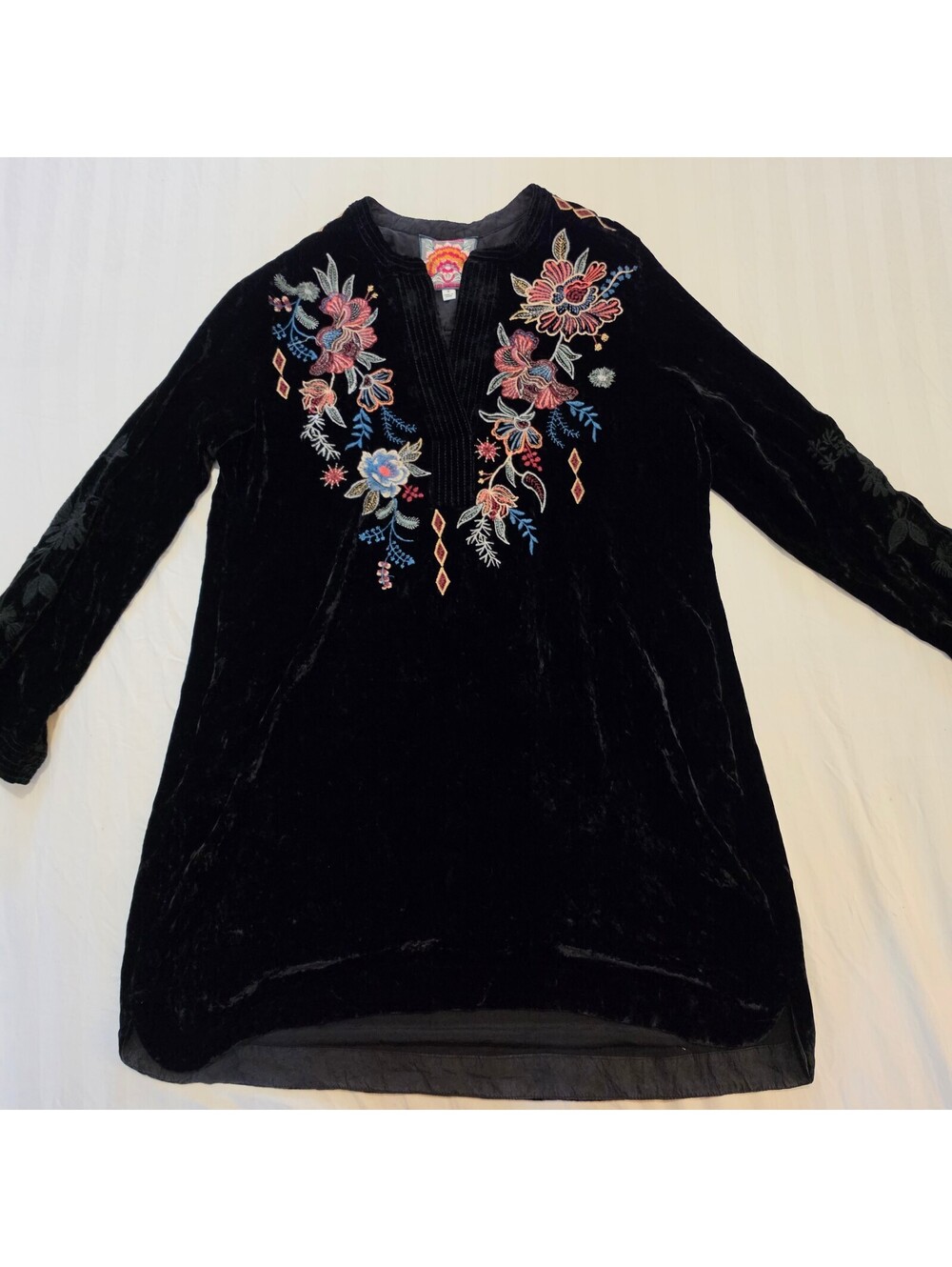 Johnny Was Women's Black Velvet Tunic with Floral Embroidery, Size M